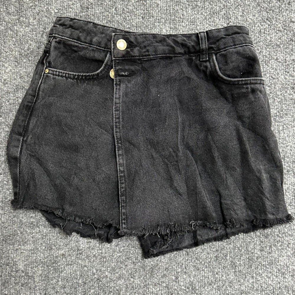 Zara Skort Womens Size XS Black Denim Asymmetrical Raw Hem Crossover Casual